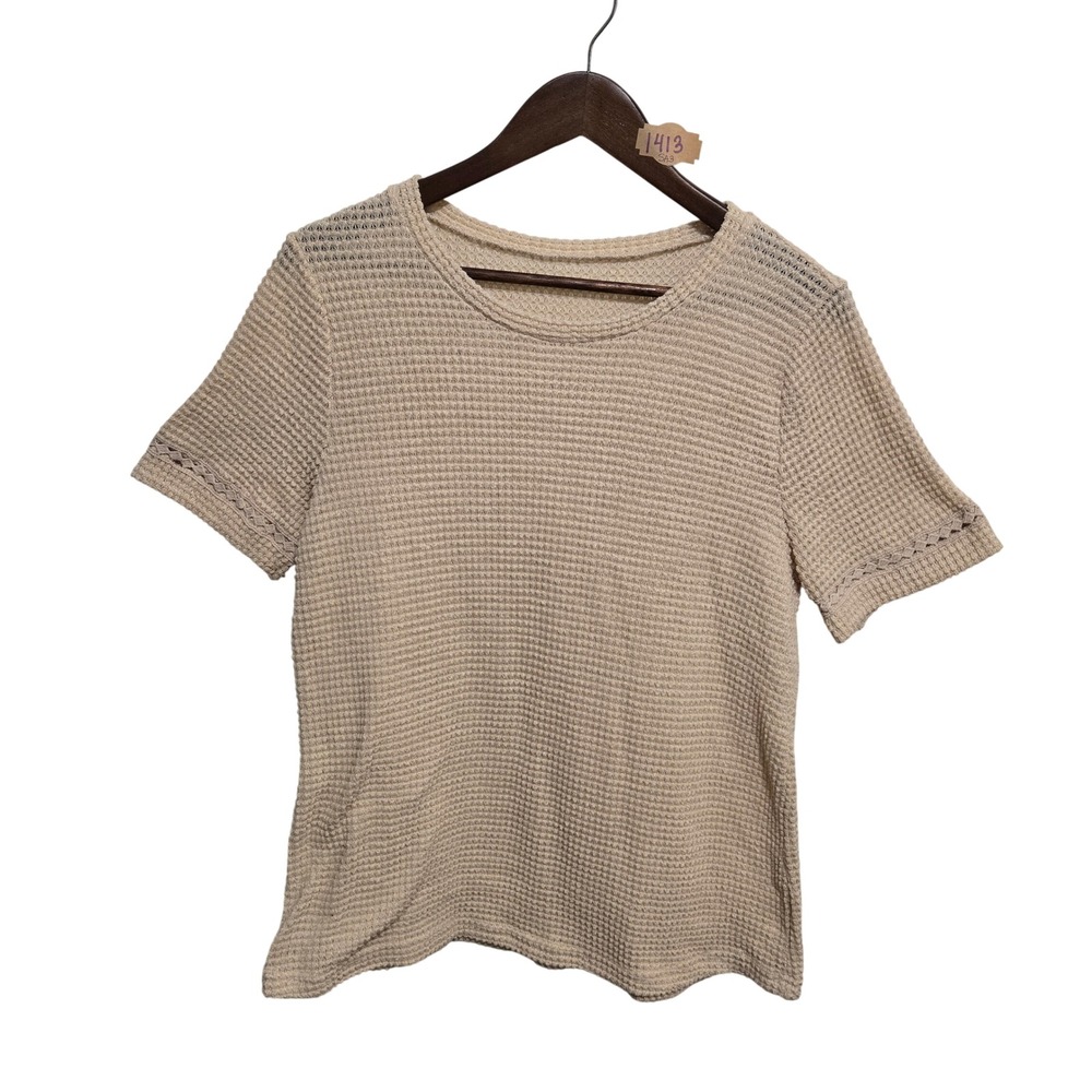 Beige Waffle Knit Short Sleeve Top Crochet Lace Trim Crew Neck Casual Large